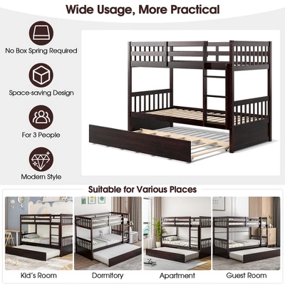 Costway Twin Over Twin Bunk Bed With Twin Trundle Solid Wood Frame Espresso/White 8 Costway Twin Over Twin Bunk Bed With Twin Trundle Solid Wood Frame Espresso/White - Image 8
