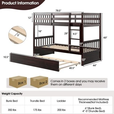 Costway Twin Over Twin Bunk Bed With Twin Trundle Solid Wood Frame Espresso/White 2 Costway Twin Over Twin Bunk Bed With Twin Trundle Solid Wood Frame Espresso/White - Image 2