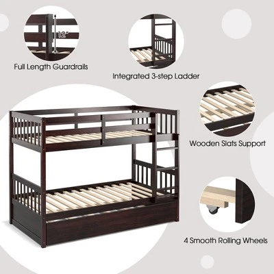 Costway Twin Over Twin Bunk Bed With Twin Trundle Solid Wood Frame Espresso/White 5 Costway Twin Over Twin Bunk Bed With Twin Trundle Solid Wood Frame Espresso/White - Image 5