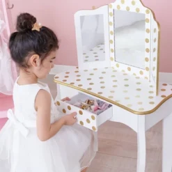 Fashion Polka Dot Gisele Play Vanity Set With Led Mirror White/Gold - Teamson Kids -Home Decoration Store GUEST 1d8d35a1 1982 42c4 a223 b6ce266208ff