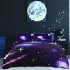 PiccoCasa Polyester Galaxy Sky Cosmos Night Pattern 3D Printed Duvet Cover Set With 2 Pillowcases 4 Pcs Queen Dark Purple