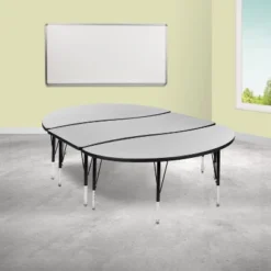 Emma And Oliver 3 Piece 86" Oval Wave Collaborative Grey Kids Adjustable Activity Table Set