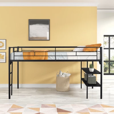 Metal Twin Size Low Loft Bed With Storage Shelf And Stairs, Black - ModernLuxe 1 Metal Twin Size Low Loft Bed With Storage Shelf And Stairs, Black - ModernLuxe