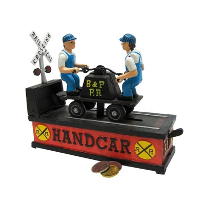 Design Toscano Railroad Handcar Collectors' Die Cast Iron Mechanical Coin Bank 1 Design Toscano Railroad Handcar Collectors' Die Cast Iron Mechanical Coin Bank