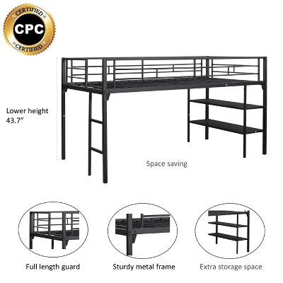 Metal Twin Size Low Loft Bed With Storage Shelf And Stairs, Black - ModernLuxe 3 Metal Twin Size Low Loft Bed With Storage Shelf And Stairs, Black - ModernLuxe - Image 3