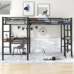 Metal Twin Size Loft Bed With Two Built-in Desks, Black - ModernLuxe