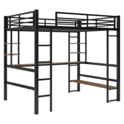 Full Size Metal Loft Bed With Long Desk And Shelves, Black - ModernLuxe -Home Decoration Store GUEST 7653202b fa34 41ef 9b31 99388055da6d