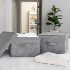 Household Essentials Set Of 2 Large Storage Boxes With Lids Graphite Linen