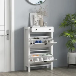 HOMCOM Shoe Storage Cabinet With 2 Flip Drawers, Adjustable Shelves And Top Drawer For 8 Pairs Of Shoes