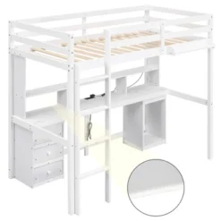 Loft Bed With Multi-Function Storage Table, LED Lights, Bedside Tray And Charging Station, White - ModernLuxe -Home Decoration Store GUEST c2675a28 6090 4a91 8e6a 122b69e817e7