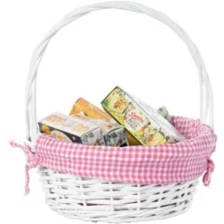 Wickerwise White Round Willow Gift Basket, With Gingham Liner And Handles -Home Decoration Store GUEST ce546105 9249 464e 91f9 2a4fb9882cb3