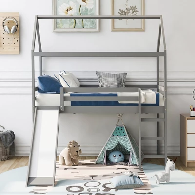 House Shape Twin Size Loft Bed With Slide, Gray - ModernLuxe 1 House Shape Twin Size Loft Bed With Slide, Gray - ModernLuxe