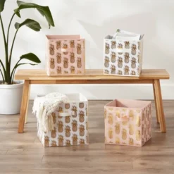 Set Of 4 11" X 11" X 11" Nonwoven Polyester Pineapple Square Storage Cube White/Gold - Design Imports -Home Decoration Store GUEST e60250f3 6dc7 44d5 8711 9d2b835aadc6