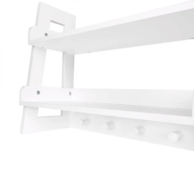 Kids' 2 Tier Ladder Wall Shelf With Hooks White - RiverRidge Home 1 Kids' 2 Tier Ladder Wall Shelf With Hooks White - RiverRidge Home