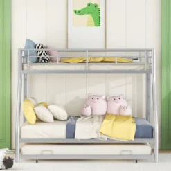 Twin Over Full Steel Bunk Bed With Twin Size Trundle Bed And Two-Side Ladders-ModernLuxe