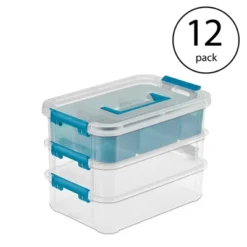 Sterilite Convenient Small Home 3-Tiered Layer Stacking Carry Storage Box With Colored Accent Secure Latches, Clear (12 Pack)
